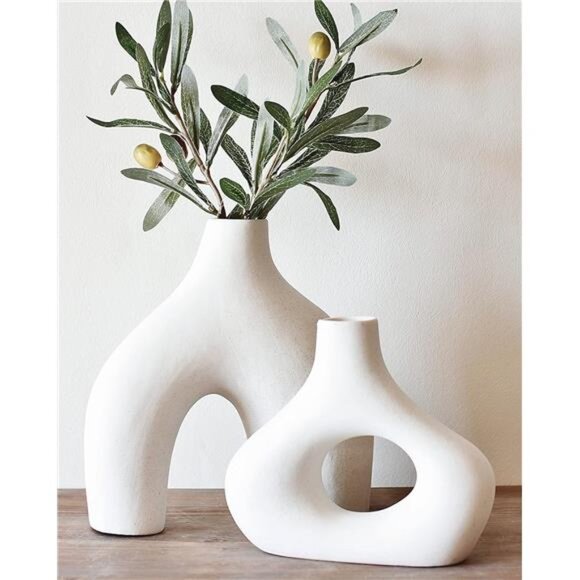 Vase Set of 2 - Minimalist Nordic, White Ceramic Hollow - Picture 1 of 8